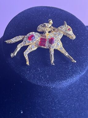 Gold-tone Horse & Jockey with Red Crystals & Rhinestones Brooch